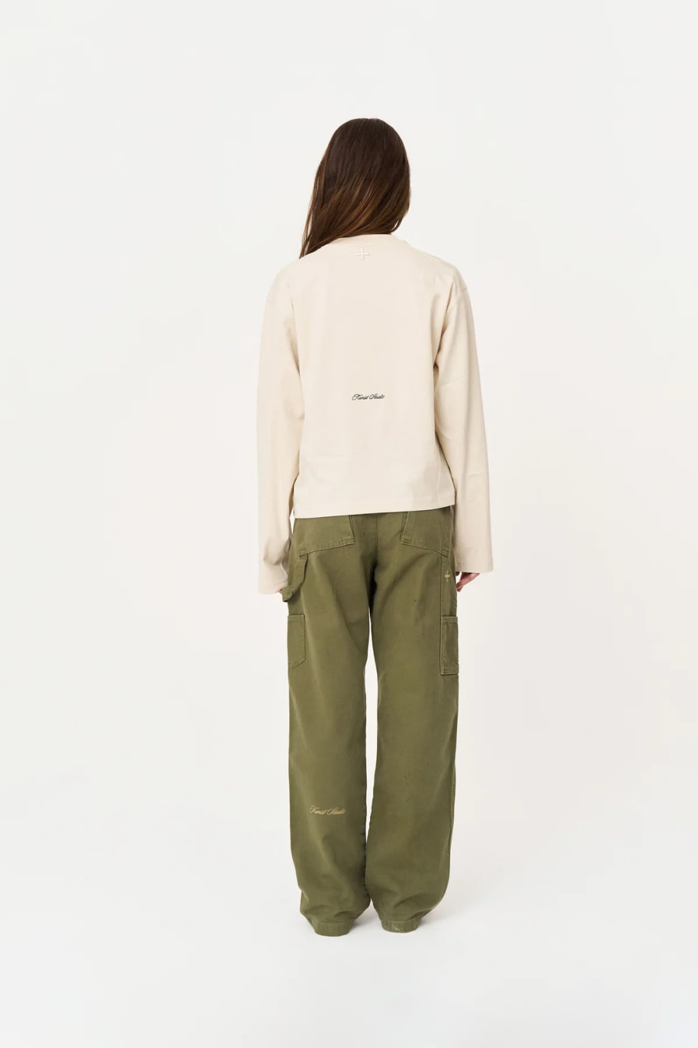 Uzun Kollu Nakışlı Oversize Krem T-Shirt - 4