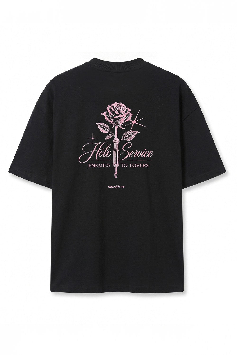 Gül Grafik Baskılı Oversize T-Shirt, Siyah - 0