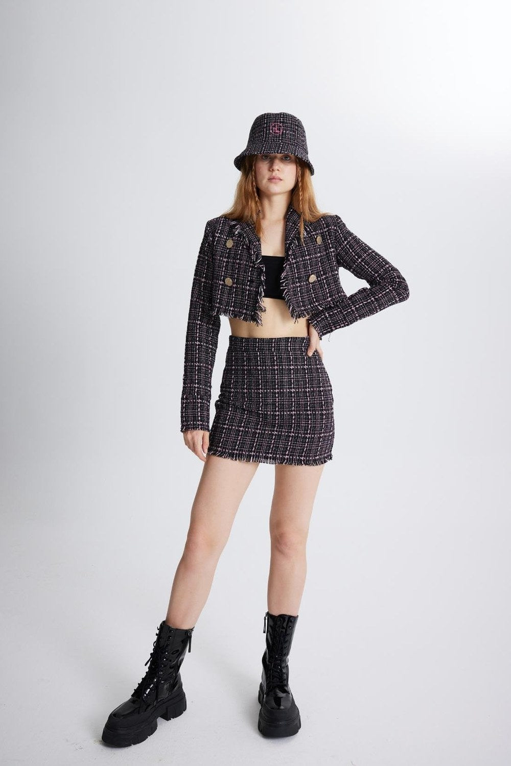 Tüvit Kumaş Mini Tweed Etek Siyah - 0