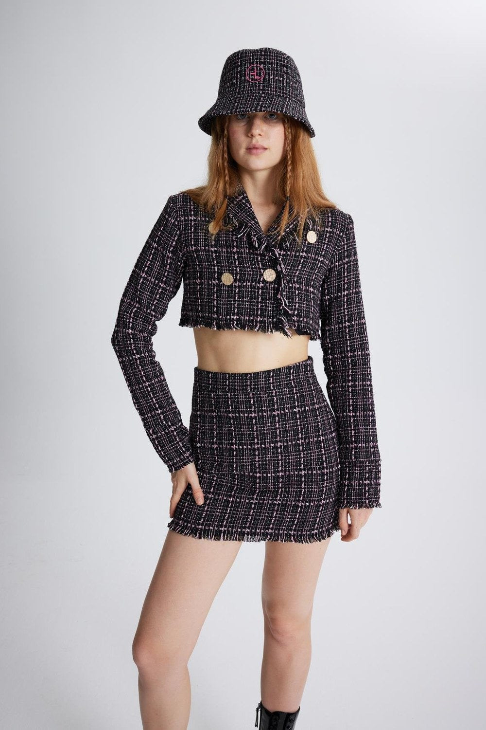 Tüvit Kumaş Mini Tweed Etek Siyah - 2
