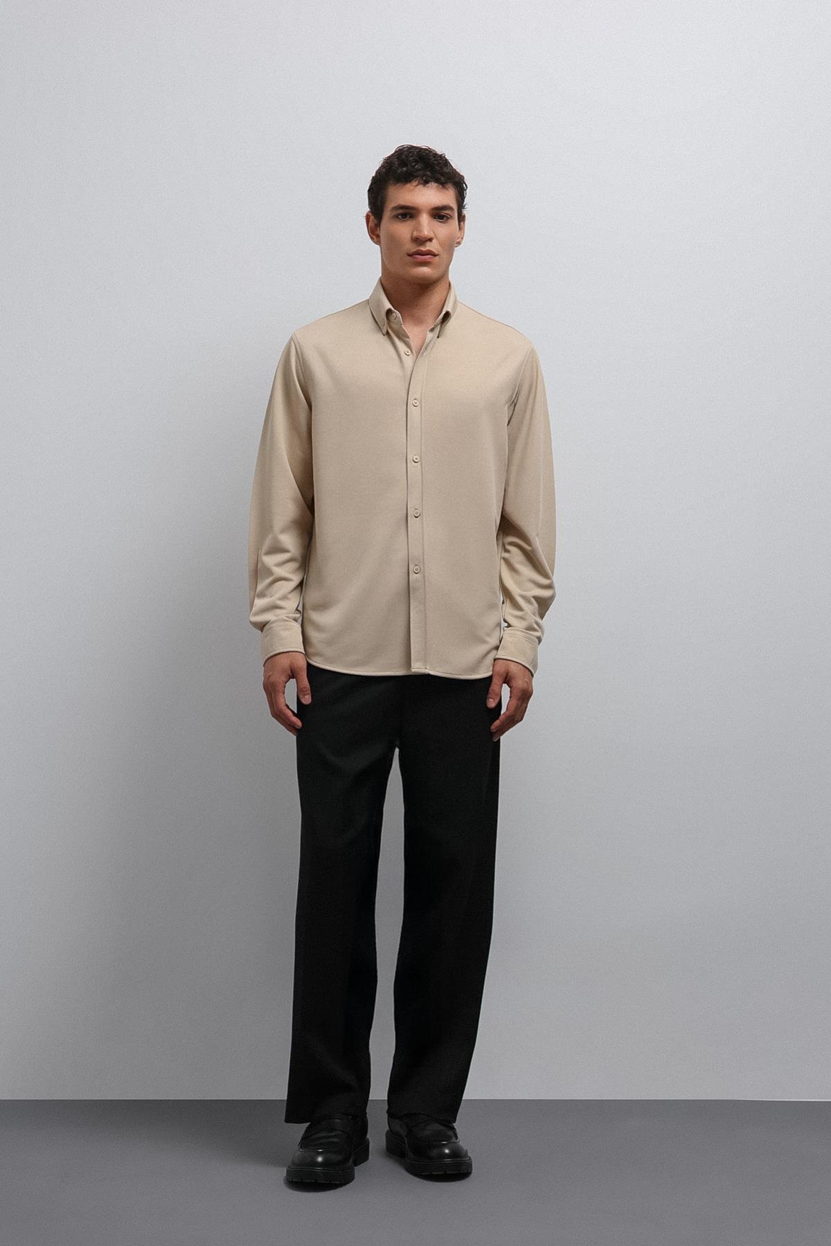 Antioch-Antioch Bej Düğmeli Yaka Relax Fit Erkek Gömlek-Gömlek-3-roqelvaxirum.shop