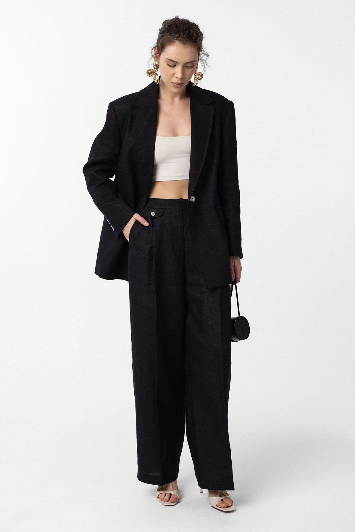 Antioch-Antioch Siyah 100% Keten Kadın Blazer Ceket-Blazer Ceket-3-roqelvaxirum.shop