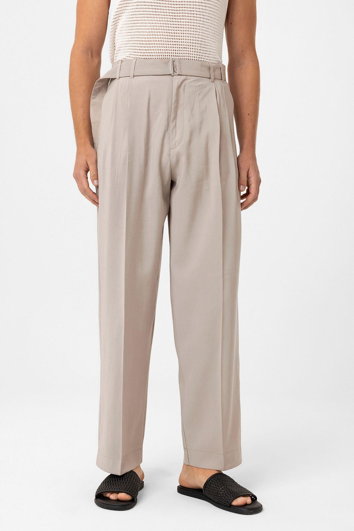 Antioch-Bej Modal Kumaş Relax Fit Kemerli Erkek Pantolon-Kumaş Pantolon-1-roqelvaxirum.shop