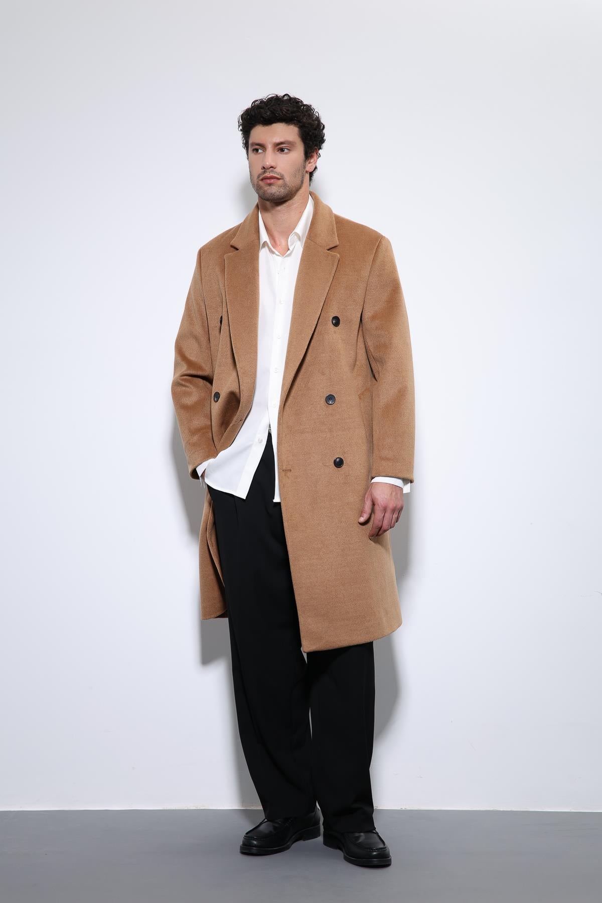 Antioch-Camel Yün Karışımlı Kruvaze Erkek Kaban-Kaban-1-roqelvaxirum.shop