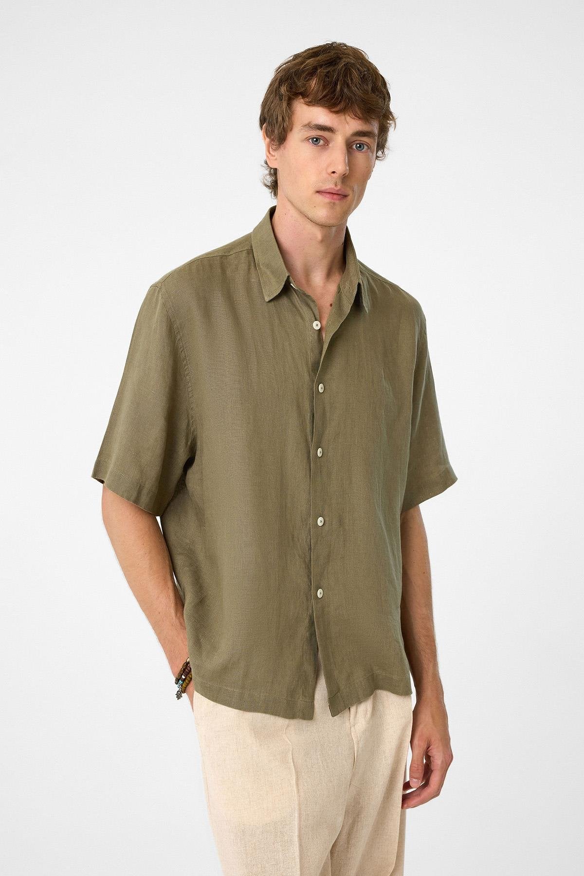 Antioch-Haki 100% Keten Relaxed Erkek Gömlek-Gömlek-4-roqelvaxirum.shop