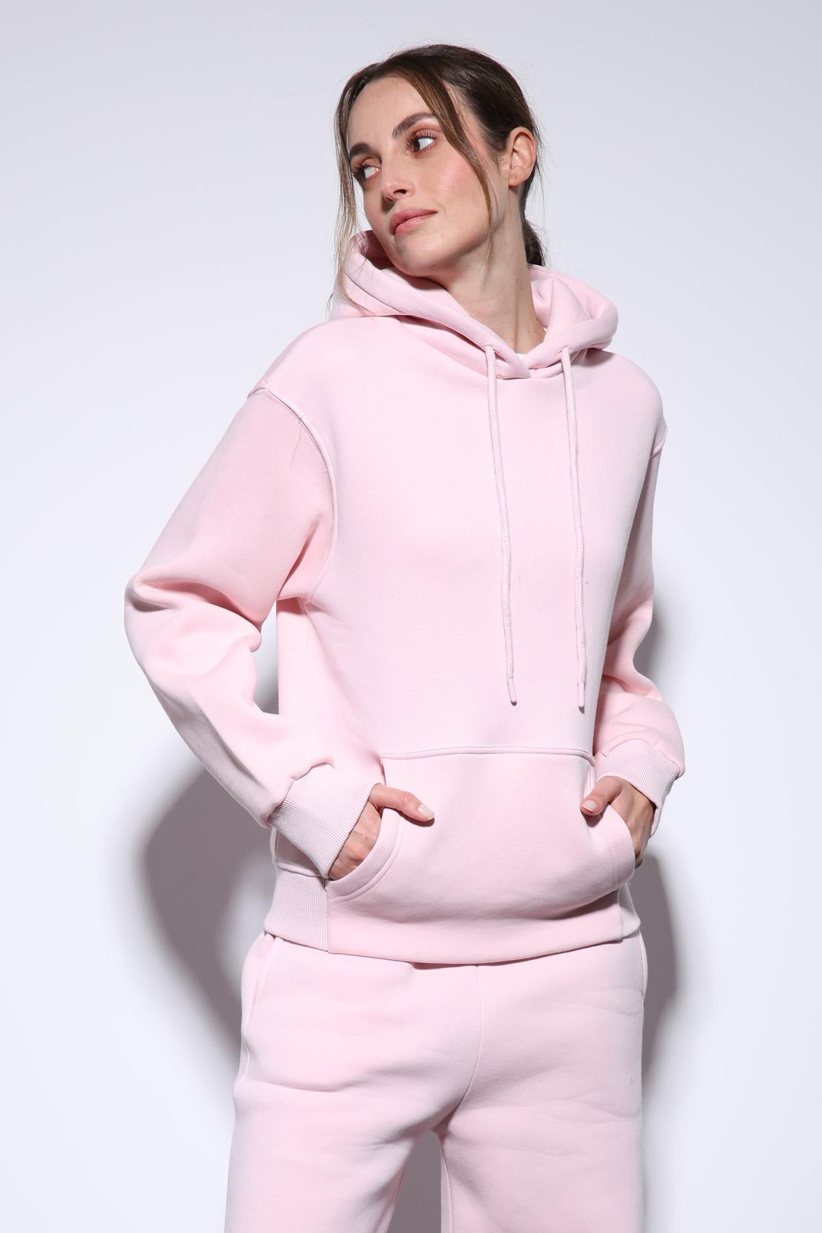 Antioch-Pembe Kapüşonlu Basic Kadın Sweatshirt-Sweatshirt-2-roqelvaxirum.shop