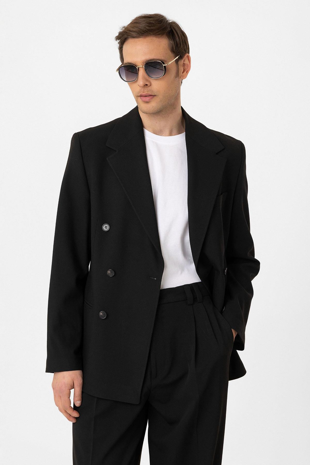 Antioch-Siyah Relax Fit Kruvaze Erkek Blazer Ceket-Ceket-2-roqelvaxirum.shop