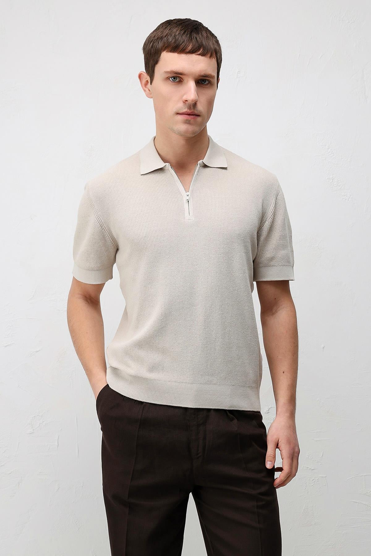 Antioch Taş Comfort Slim Fermuarlı Erkek Triko T-Shirt