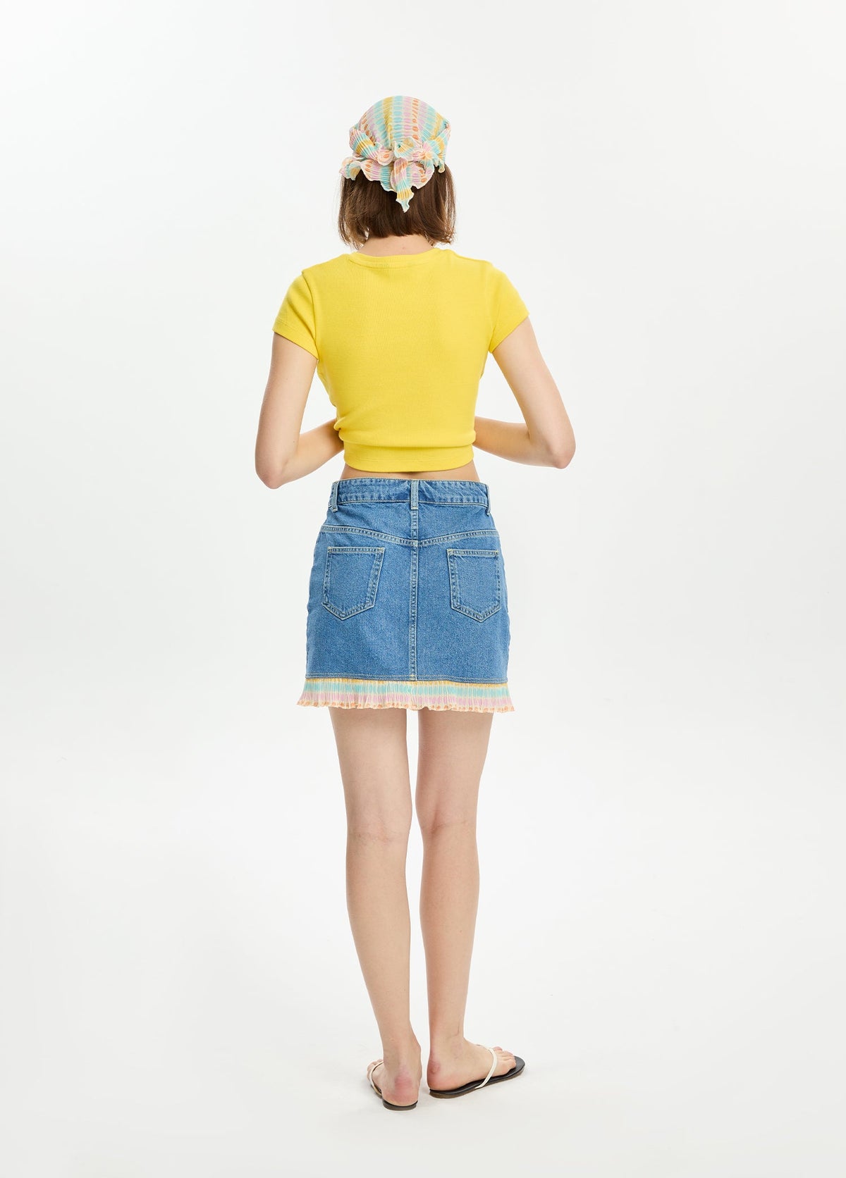 Desenli Pliseli Mini Denim Etek