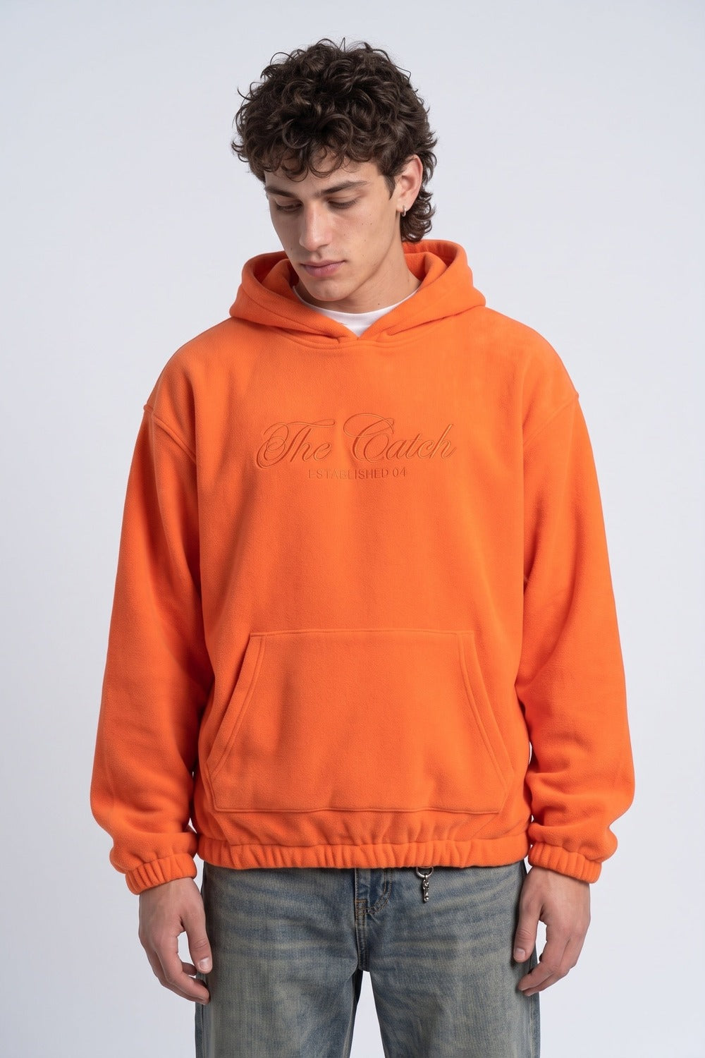 Kapüşonlu Kanguru Cepli Nakışlı Sweatshirt, Turuncu - 2