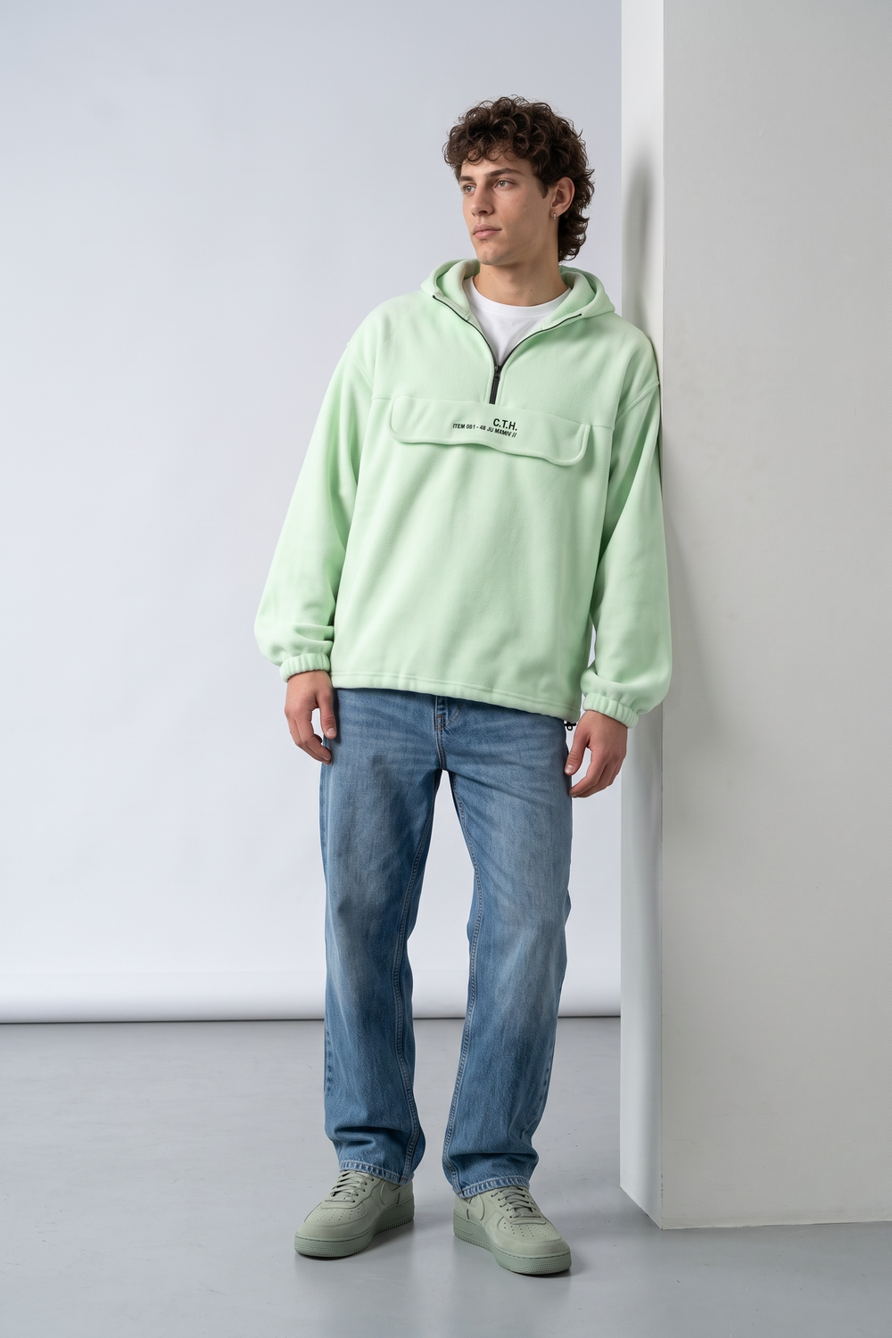 Yarım Fermuarlı Kapüşonlu Polar Sweatshirt, Yeşil - 2