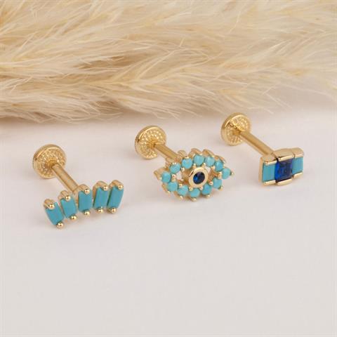 Dianora Piercing-14 Ayar Altın 5 Firuze Rengi Baget Taşlı Minimal Tragus Piercing-Tragus Piercing-5-roqelvaxirum.shop