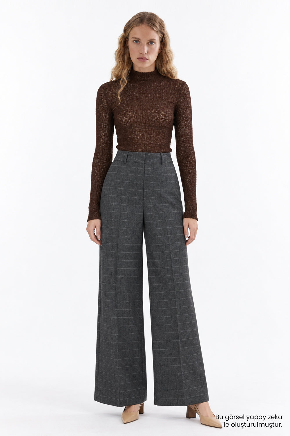 Dik Yaka Uzun Kollu Dantel Slim Fit Kahverengi Bluz