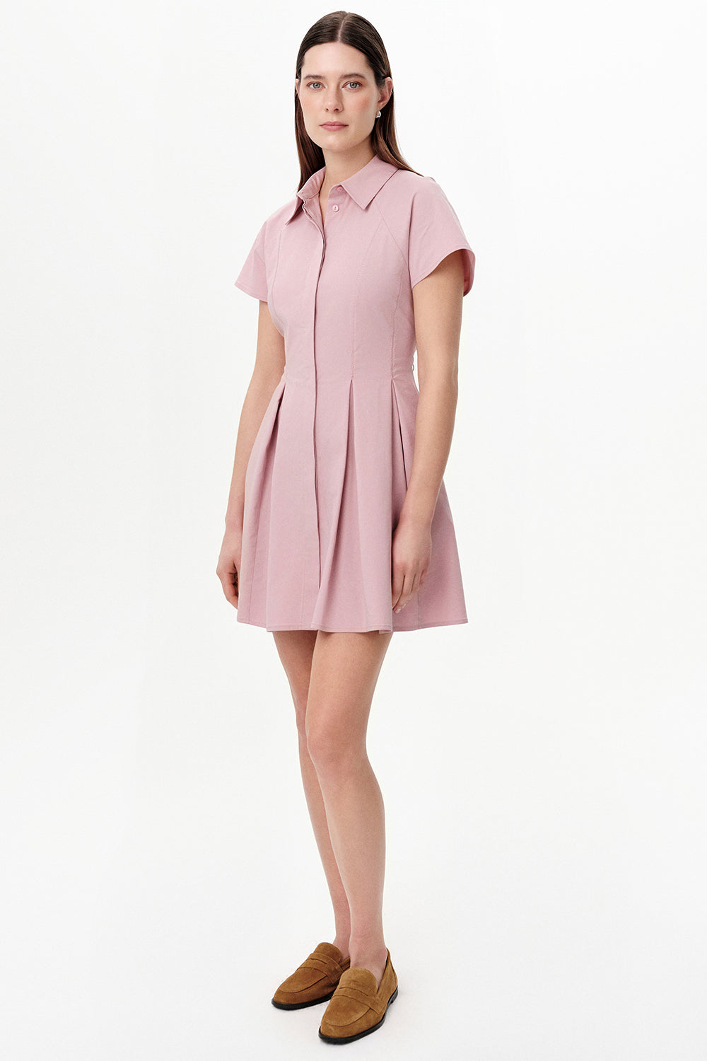 Exquise-Reglan Kol Pileli Mini Regular Elbise – Pembe-Elbise-2-roqelvaxirum.shop