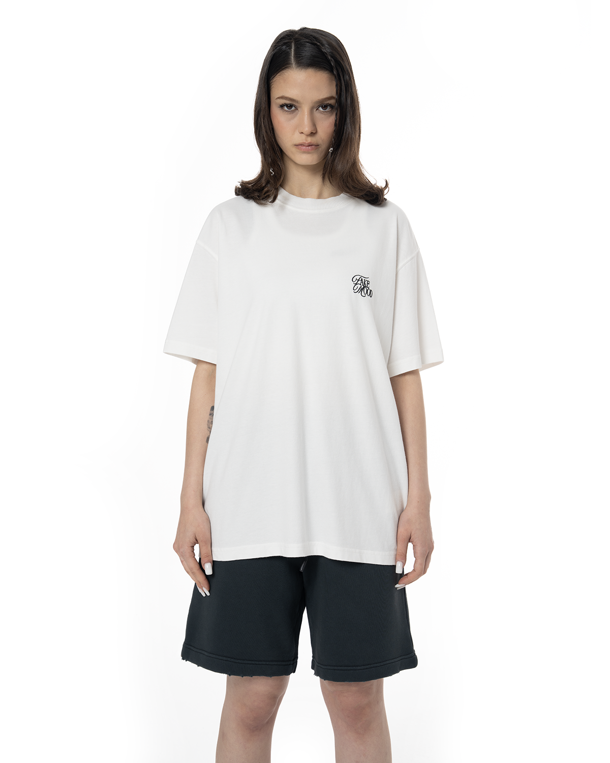 Erkek Oversize Fakemood Nakişli TiŞört - Beyaz - 4