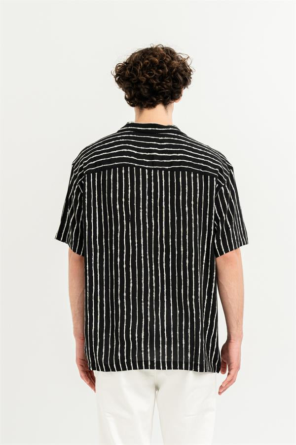 GMG Firenze-Apaj Yaka %100 Viscon Kısa Kol çizgili Erkek Gömlek-Summer'25-11-roqelvaxirum.shop