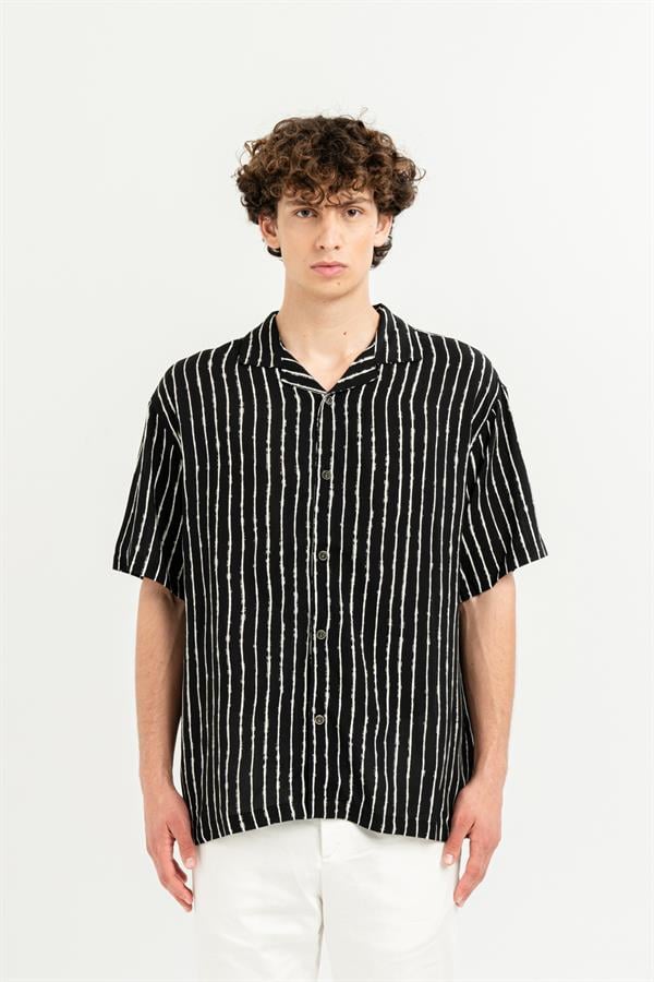 GMG Firenze-Apaj Yaka %100 Viscon Kısa Kol çizgili Erkek Gömlek-Summer'25-6-roqelvaxirum.shop