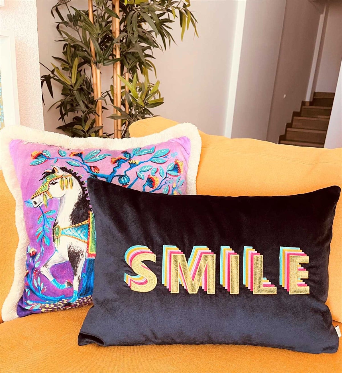 Ge Living-Smile Desenli Lacivert Kadife Dekoratif Kırlent Kılıfı 35 X 50-Kırlent Kılıfı-3-roqelvaxirum.shop
