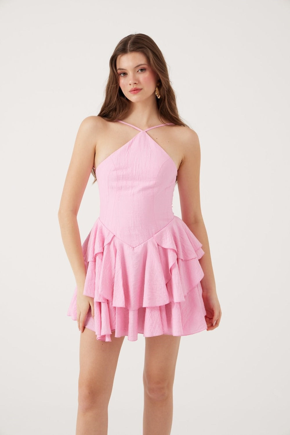 Fırfırlı Halter Yaka Mini Keira Elbise Pembe