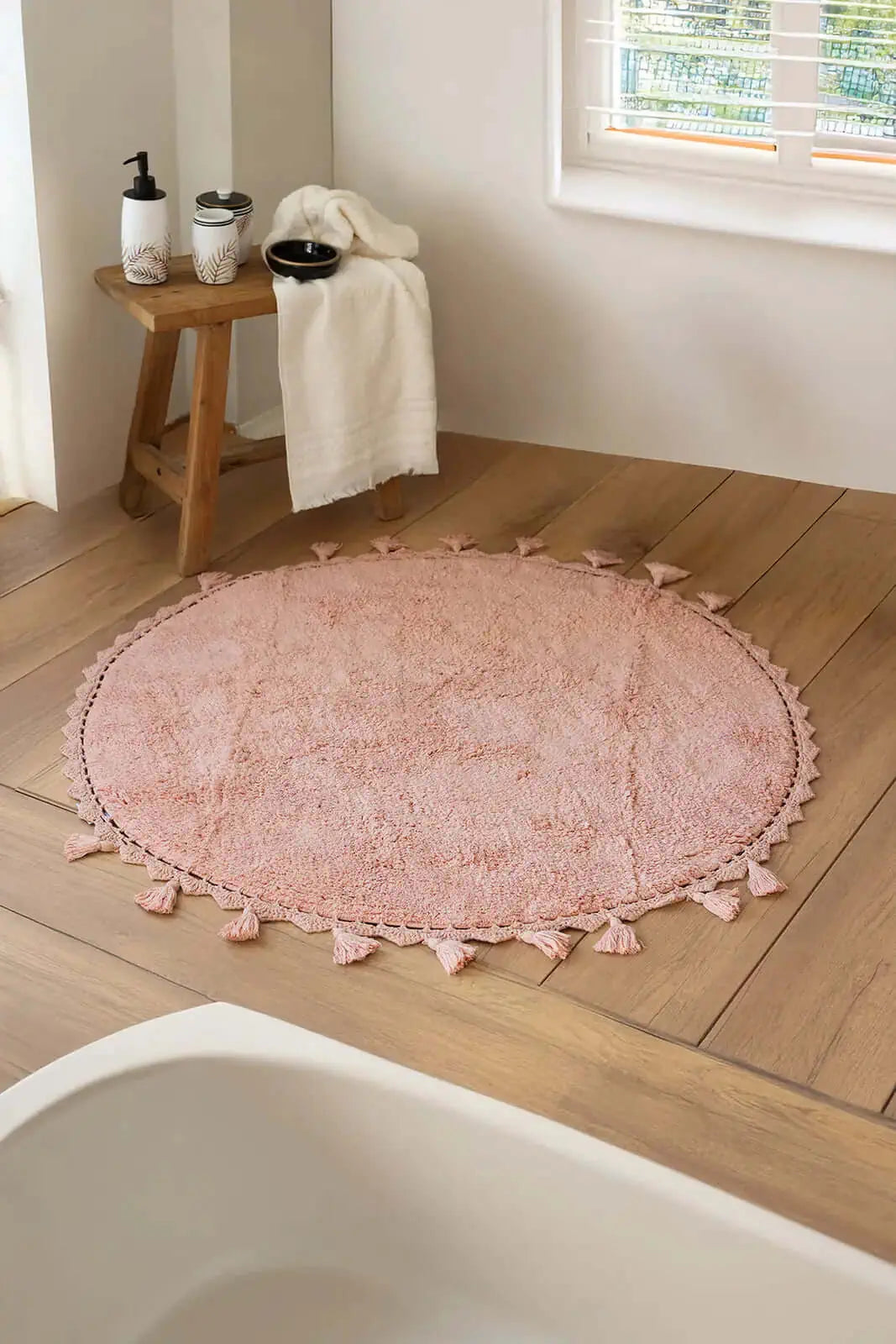 İRYA-Lowell Yuvarlak Banyo Paspası %100 Pamuk 100X100 Pembe-Paspas-1-roqelvaxirum.shop