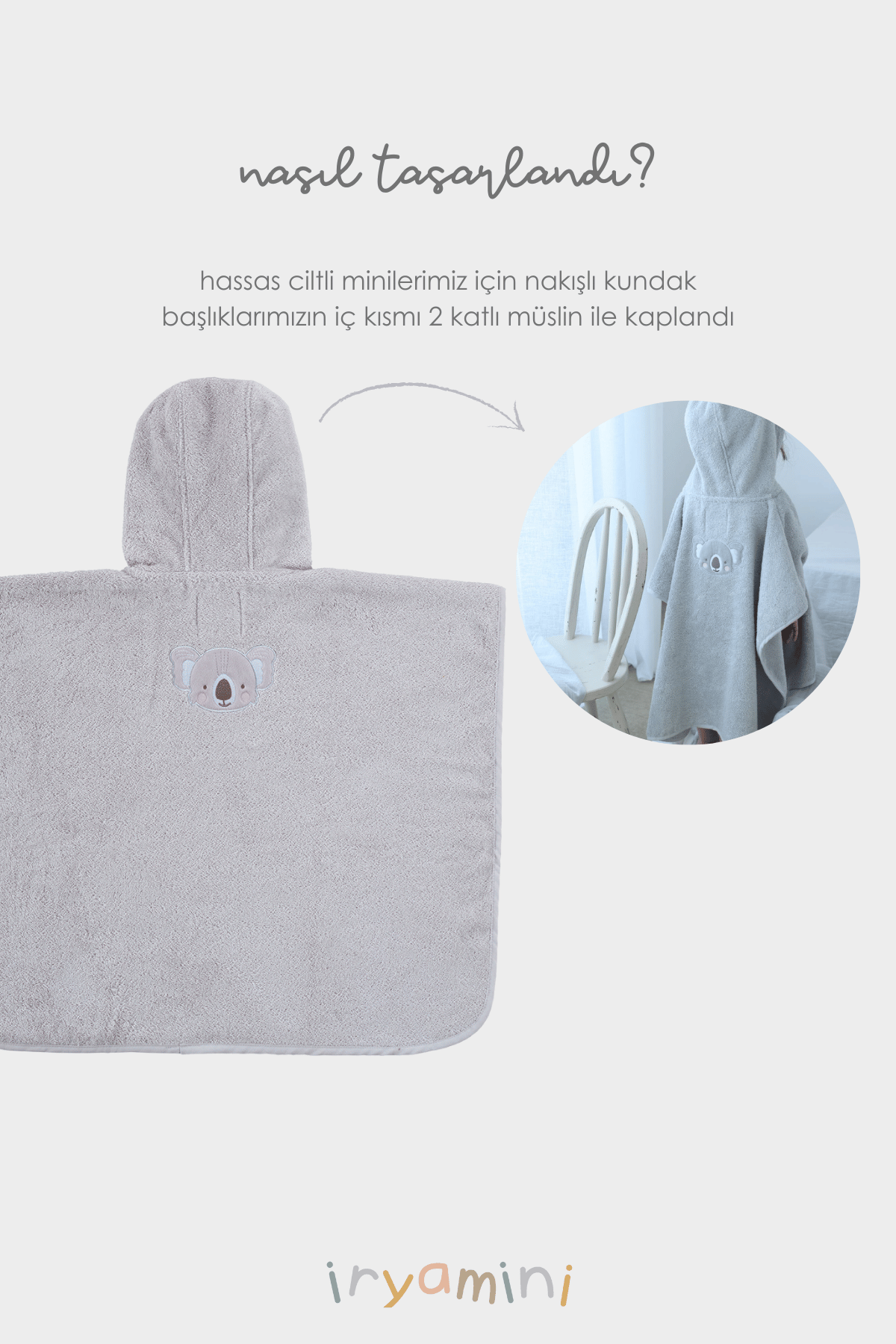 İRYA-Tiny Koala Organik Pamuk Nakışlı Çocuk Panço Gri-Panço-7-roqelvaxirum.shop