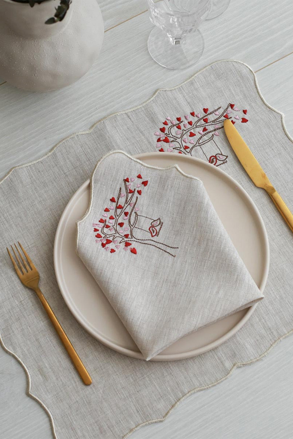 Km Home Collection-2'li Set Lovebirds İşlemeli Keten Peçete-Peçete-1-roqelvaxirum.shop