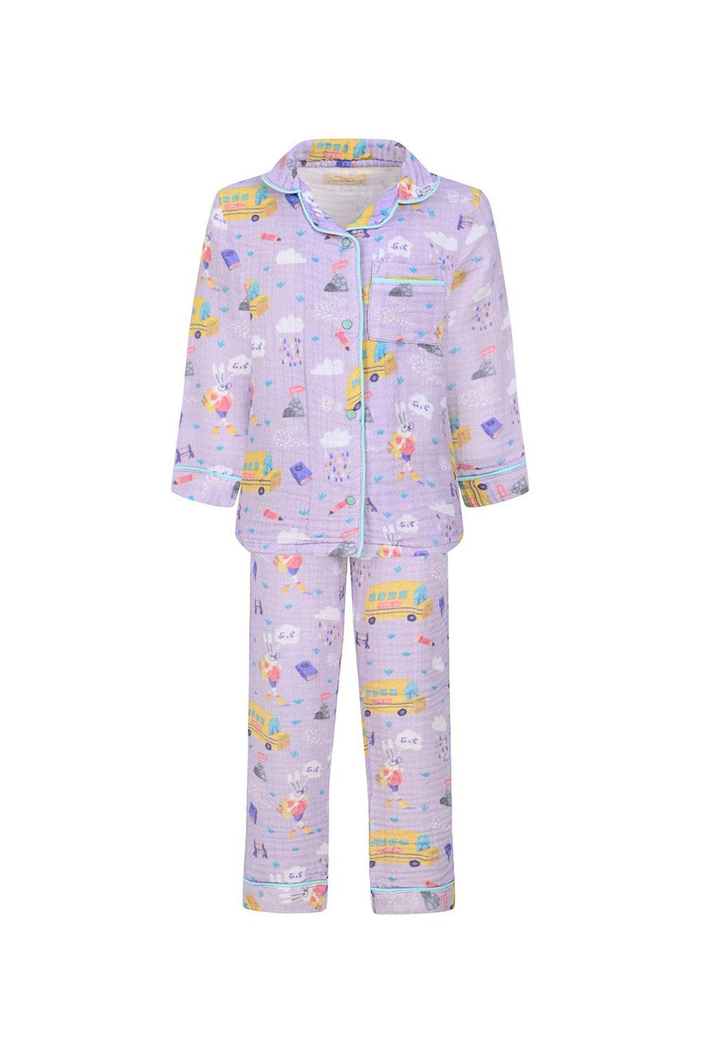 Let's Be Friends-Organik Muslin Pijama Takımı - Lila Okul Desen-Pijama Takımı-1-roqelvaxirum.shop