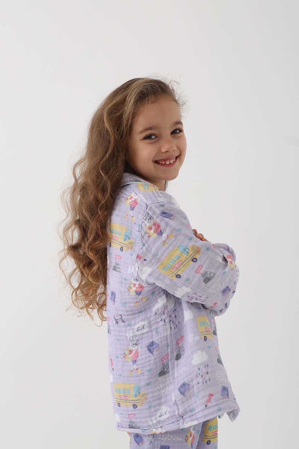 Let's Be Friends-Organik Muslin Pijama Takımı - Lila Okul Desen-Pijama Takımı-3-roqelvaxirum.shop