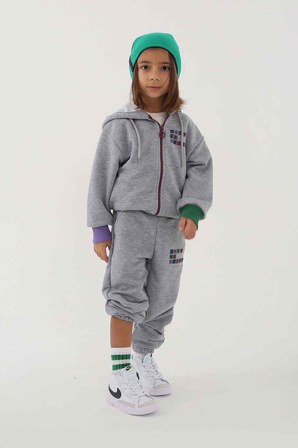 Let's Be Friends-Zipli Hoodie Takım 2 Parça - Gri Melanj-Alt - Üst Takım-1-roqelvaxirum.shop