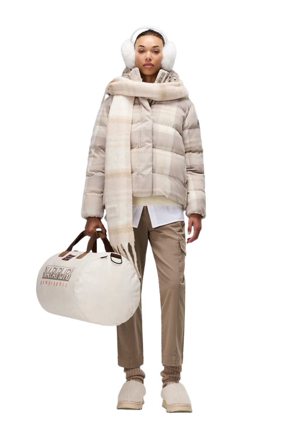 Napapijri-Napapijri ThermoFibre® Glane Check Puffer CORDURA® Jacket Ekoseli Krem Kadın Mont-Mont-8-roqelvaxirum.shop