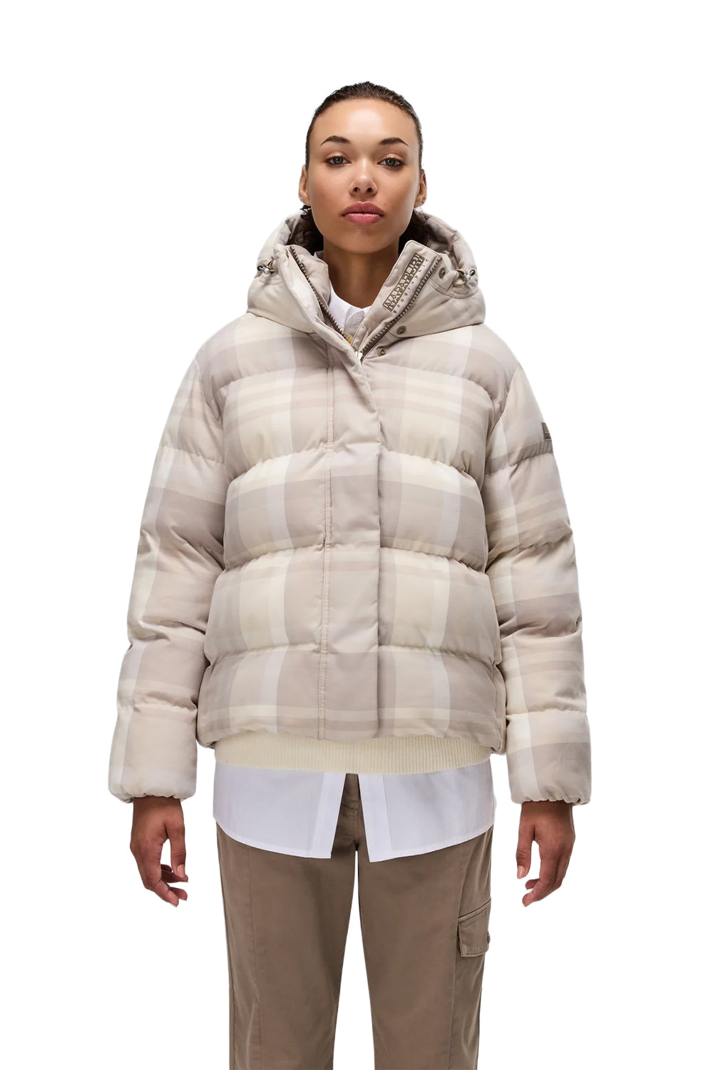 Napapijri-Napapijri ThermoFibre® Glane Check Puffer CORDURA® Jacket Ekoseli Krem Kadın Mont-Mont-9-roqelvaxirum.shop