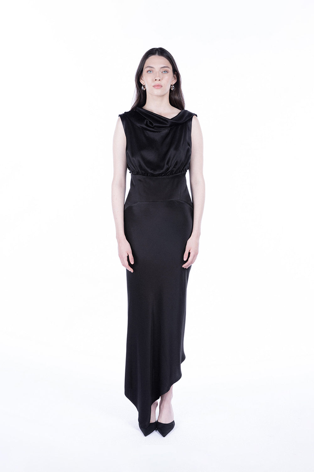 Peploum-Lea Folded Neckline Sateen Dress-Elbise-1-roqelvaxirum.shop