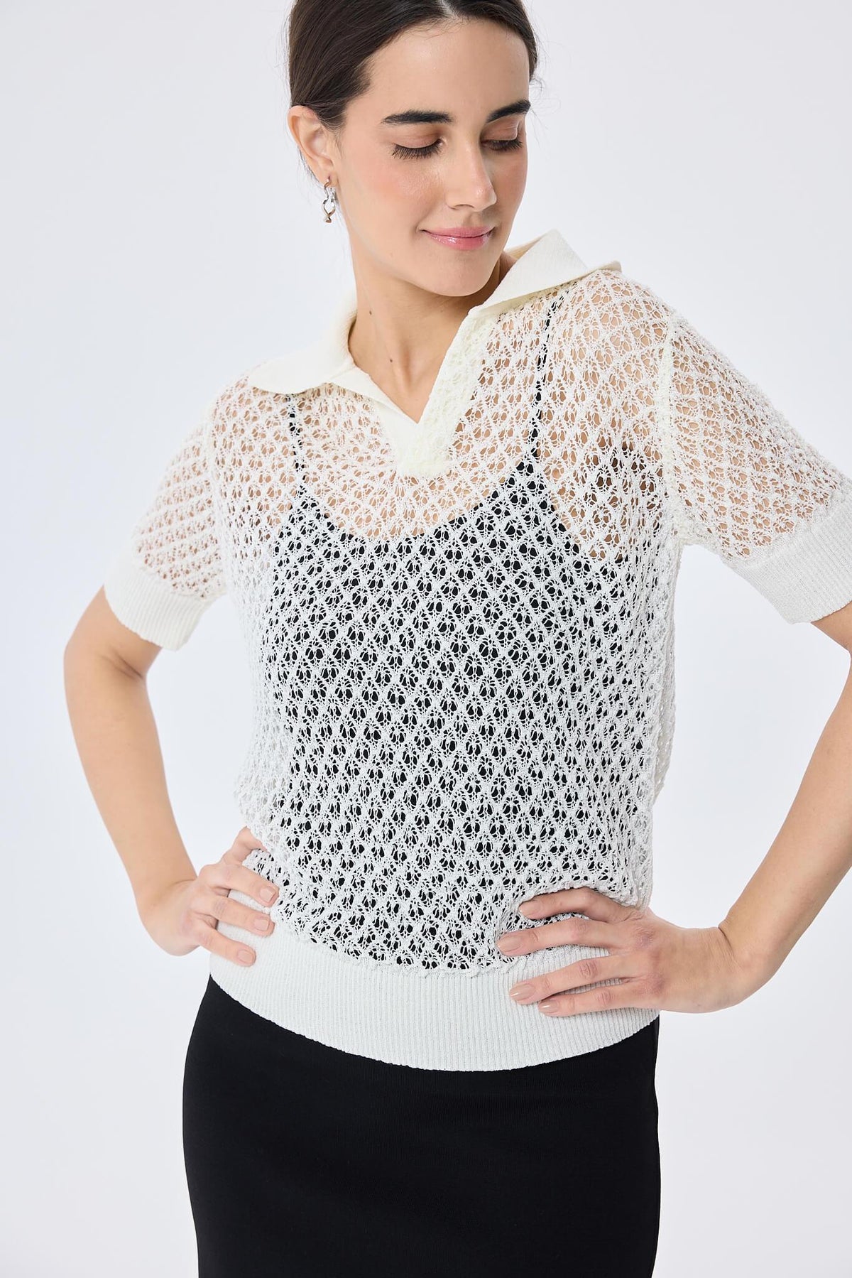 Peraluna-Ava Ajurlu Polo Yaka Kadın Triko Bluz Ekru-Bluz-4-roqelvaxirum.shop
