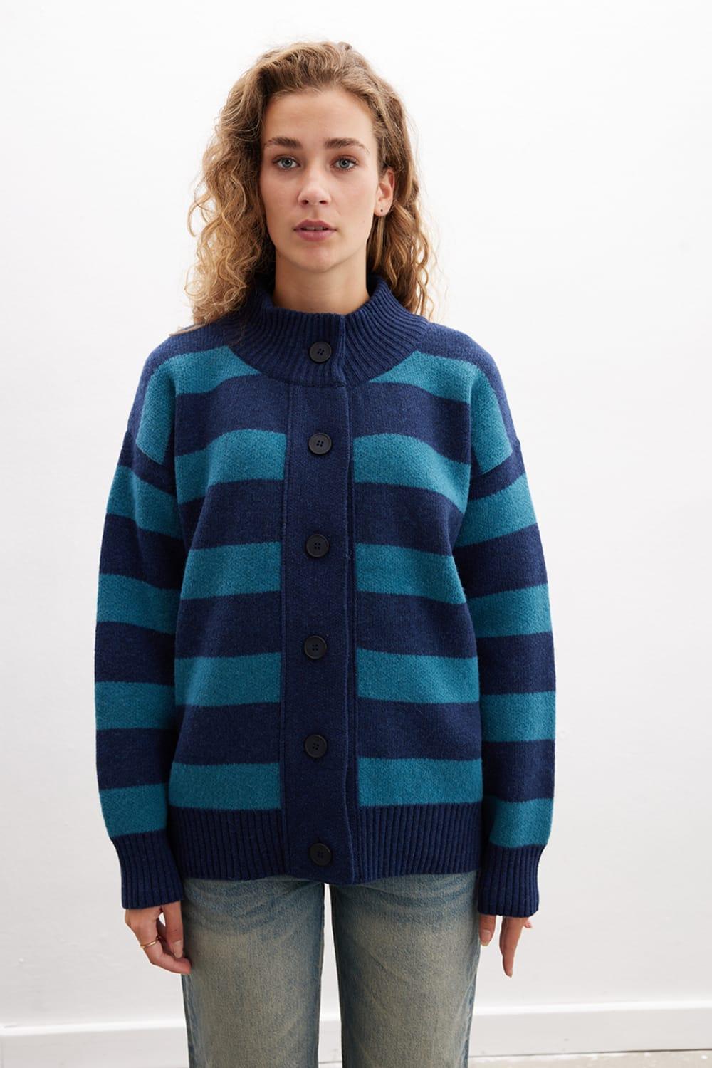 Peraluna-Barbara Cardigan Çizgili Yüksek Yaka Geniş Kalıp Yün Karışım Kadın Triko Hırka-Kazak & Triko-1-roqelvaxirum.shop