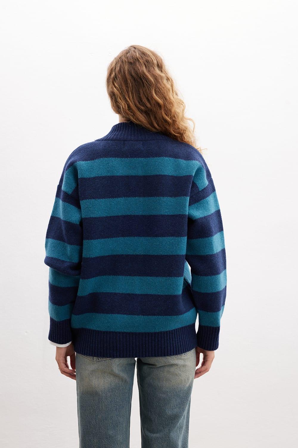 Peraluna-Barbara Cardigan Çizgili Yüksek Yaka Geniş Kalıp Yün Karışım Kadın Triko Hırka-Kazak & Triko-5-roqelvaxirum.shop