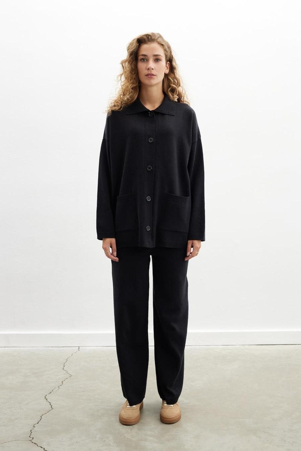 Peraluna-Denise Cardigan Polo Yaka Geniş Kesim Pamuk Yün Kadın Triko Hırka-Kazak & Triko-2-roqelvaxirum.shop
