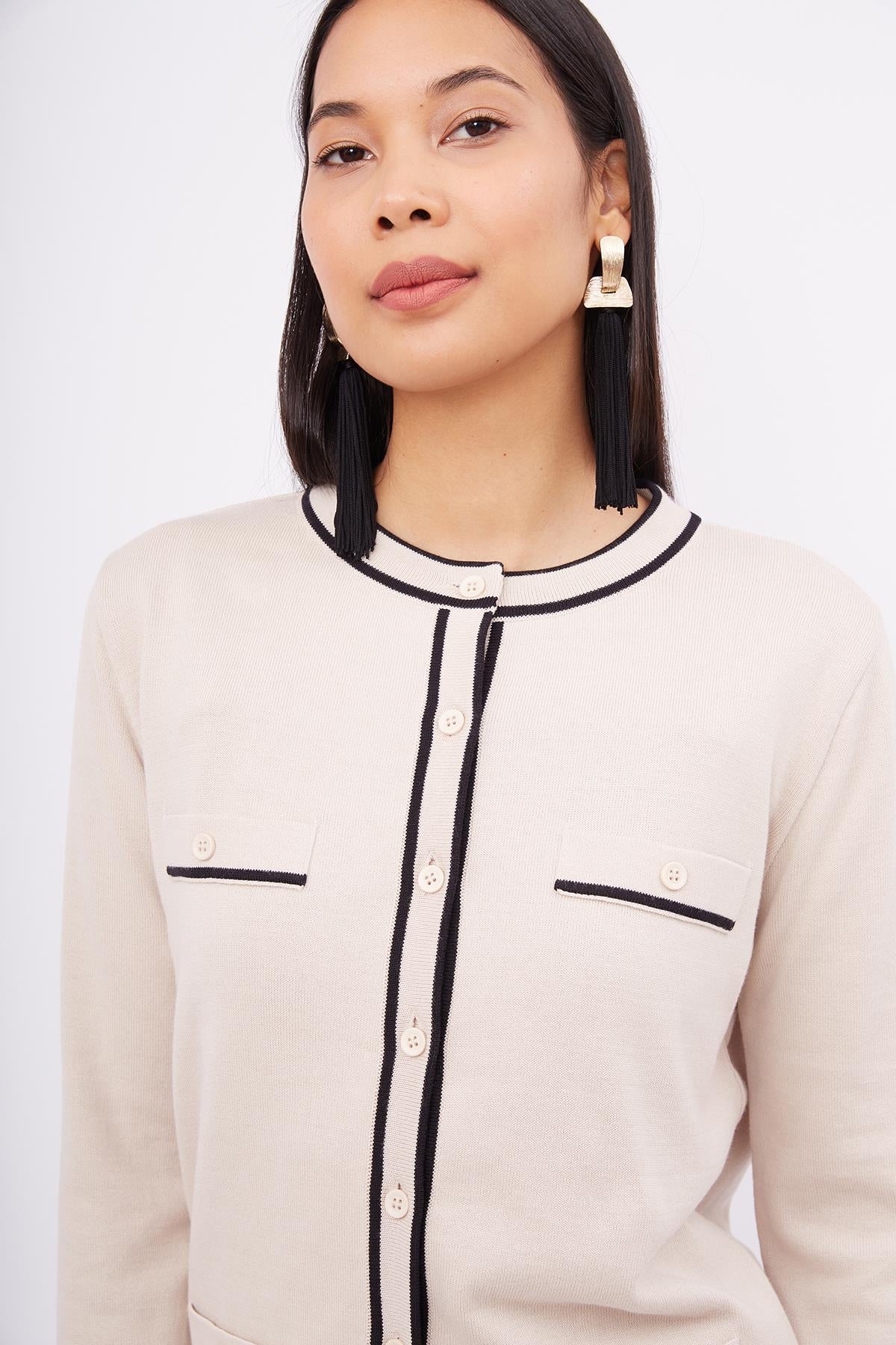 Peraluna-Helen Cardigan Çizgi Detaylı O Yaka Rahat Kesim İnce Kadın Triko Hırka Bej-Kazak & Triko-3-roqelvaxirum.shop