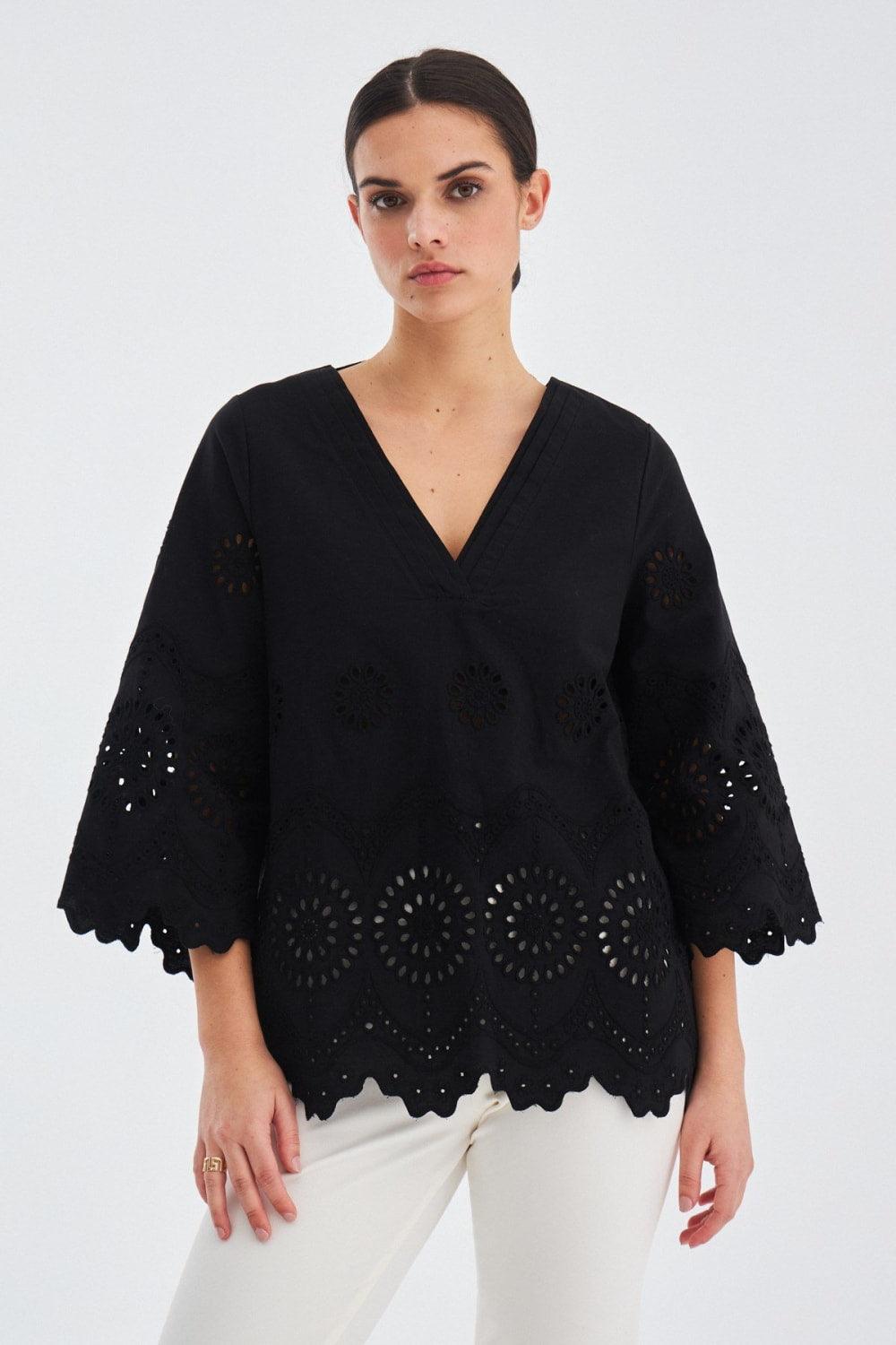 Peraluna-Hi̇romi̇ Blouse %100 Pamuk V Yaka 3/4 Çan Kol Yazlık Kadın Bluz -Bluz-13-roqelvaxirum.shop