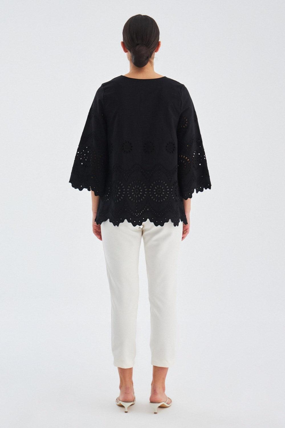 Peraluna-Hi̇romi̇ Blouse %100 Pamuk V Yaka 3/4 Çan Kol Yazlık Kadın Bluz -Bluz-15-roqelvaxirum.shop