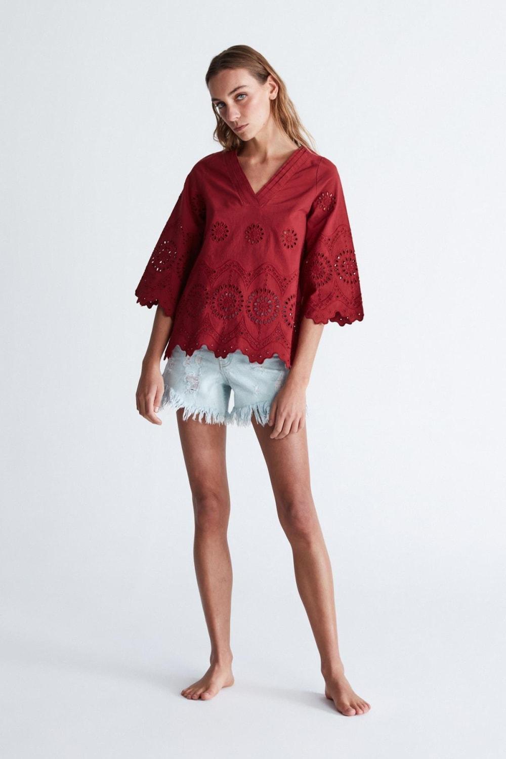 Peraluna-Hi̇romi̇ Blouse %100 Pamuk V Yaka 3/4 Çan Kol Yazlık Kadın Bluz -Bluz-18-roqelvaxirum.shop