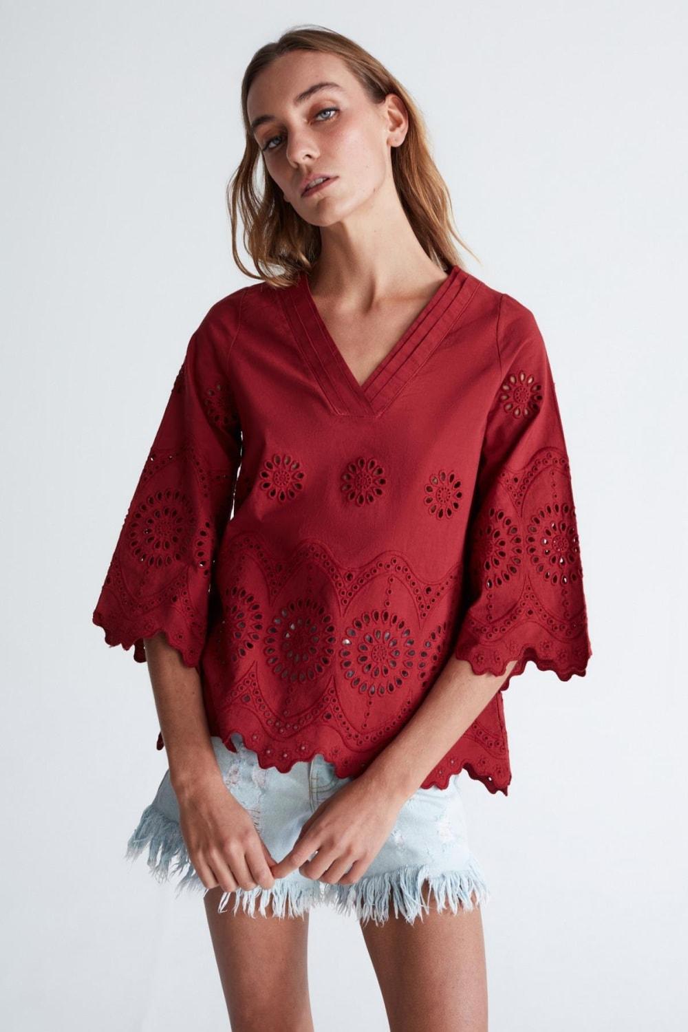 Peraluna-Hi̇romi̇ Blouse %100 Pamuk V Yaka 3/4 Çan Kol Yazlık Kadın Bluz -Bluz-22-roqelvaxirum.shop
