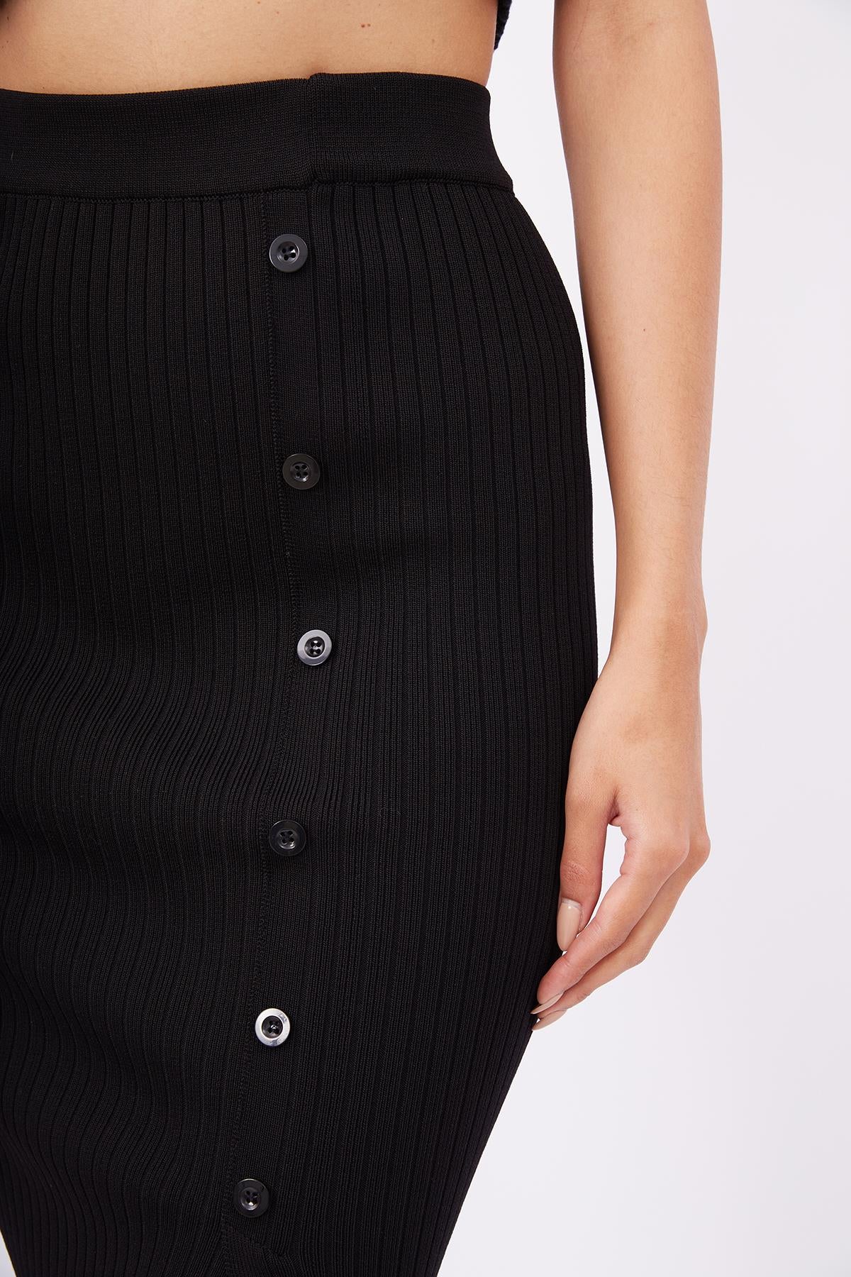 Peraluna-Jasmine Skirt Midi Boy Yandan Düğmeli Ribana Kadın Triko Etek Siyah-Etek-3-roqelvaxirum.shop