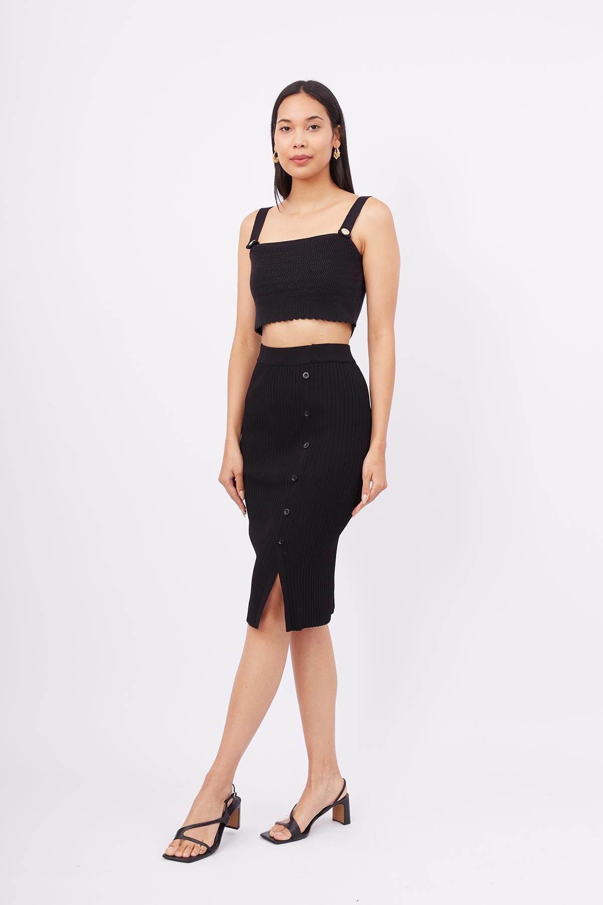 Peraluna-Jasmine Skirt Midi Boy Yandan Düğmeli Ribana Kadın Triko Etek Siyah-Etek-5-roqelvaxirum.shop