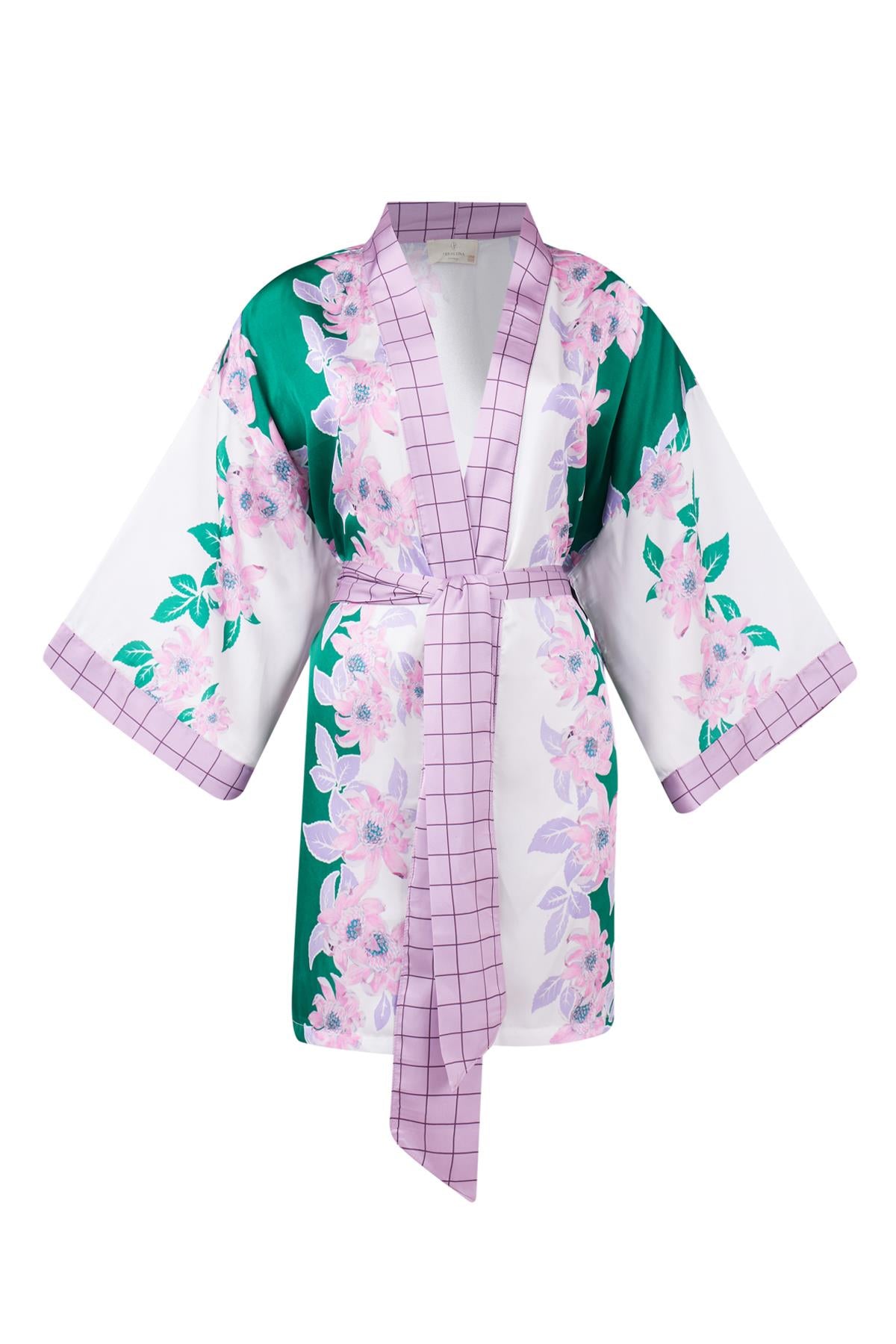 Peraluna-Lilac Charm Short Kimono çiçek Baskılı 90 Cm Saten Kısa Kadın Kimono Yeşil/Pembe-Kimono-7-roqelvaxirum.shop