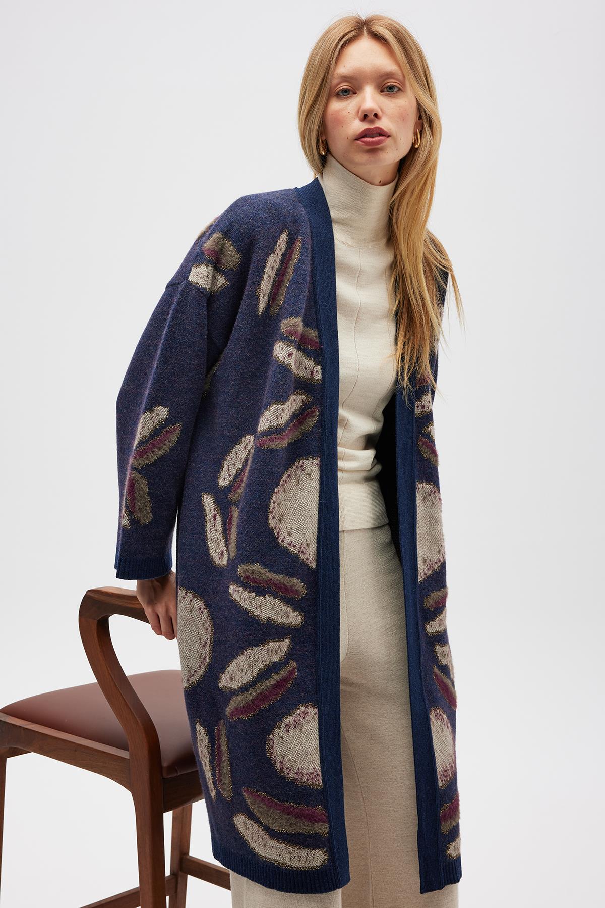 Peraluna-Makoya Desenli Kadın Triko Kimono Indigo Multi-Kimono-3-roqelvaxirum.shop