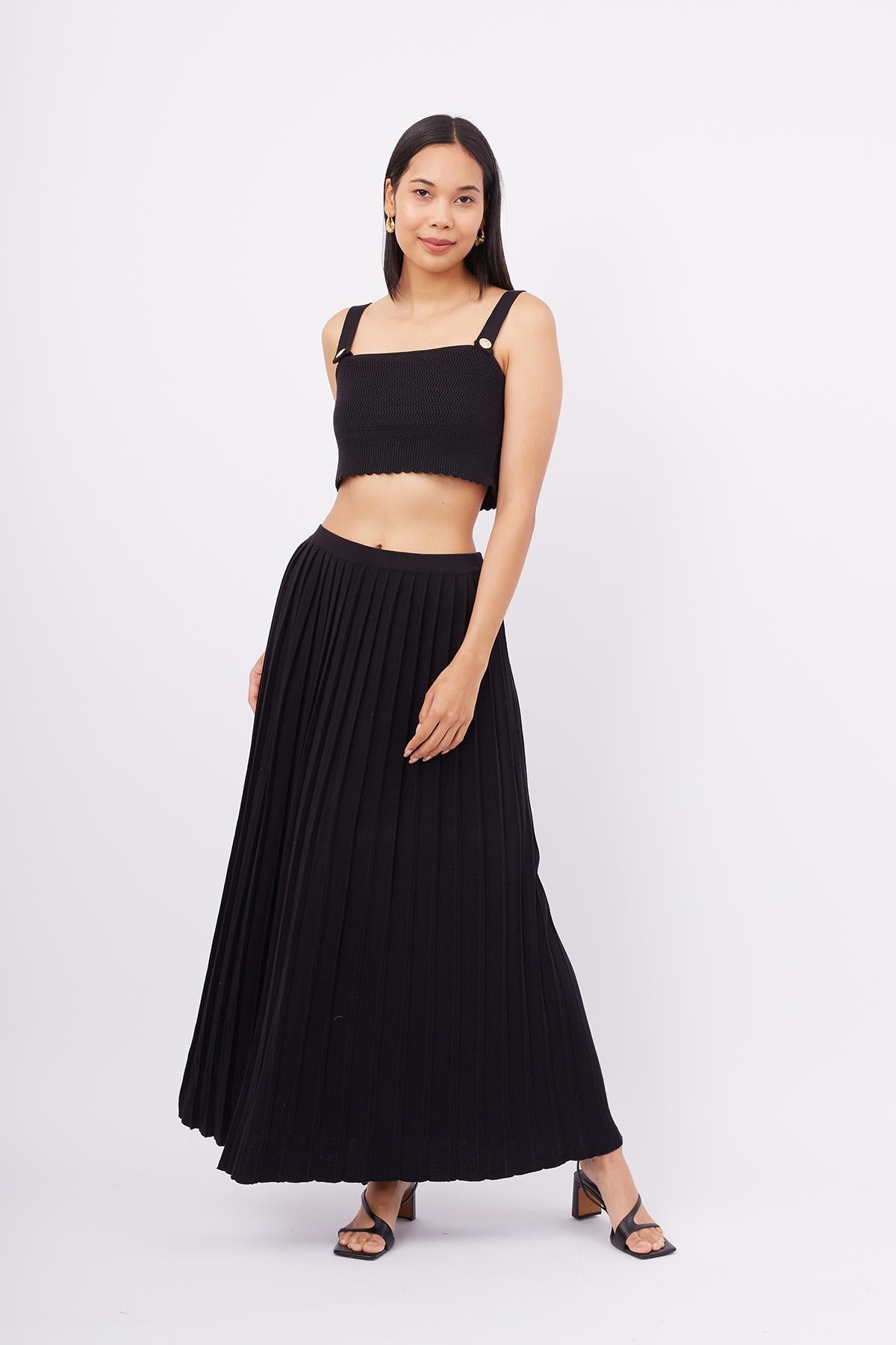 Peraluna-Maxi Skirt Maxi Boy Pileli Kadın Triko Etek Siyah-Etek-5-roqelvaxirum.shop