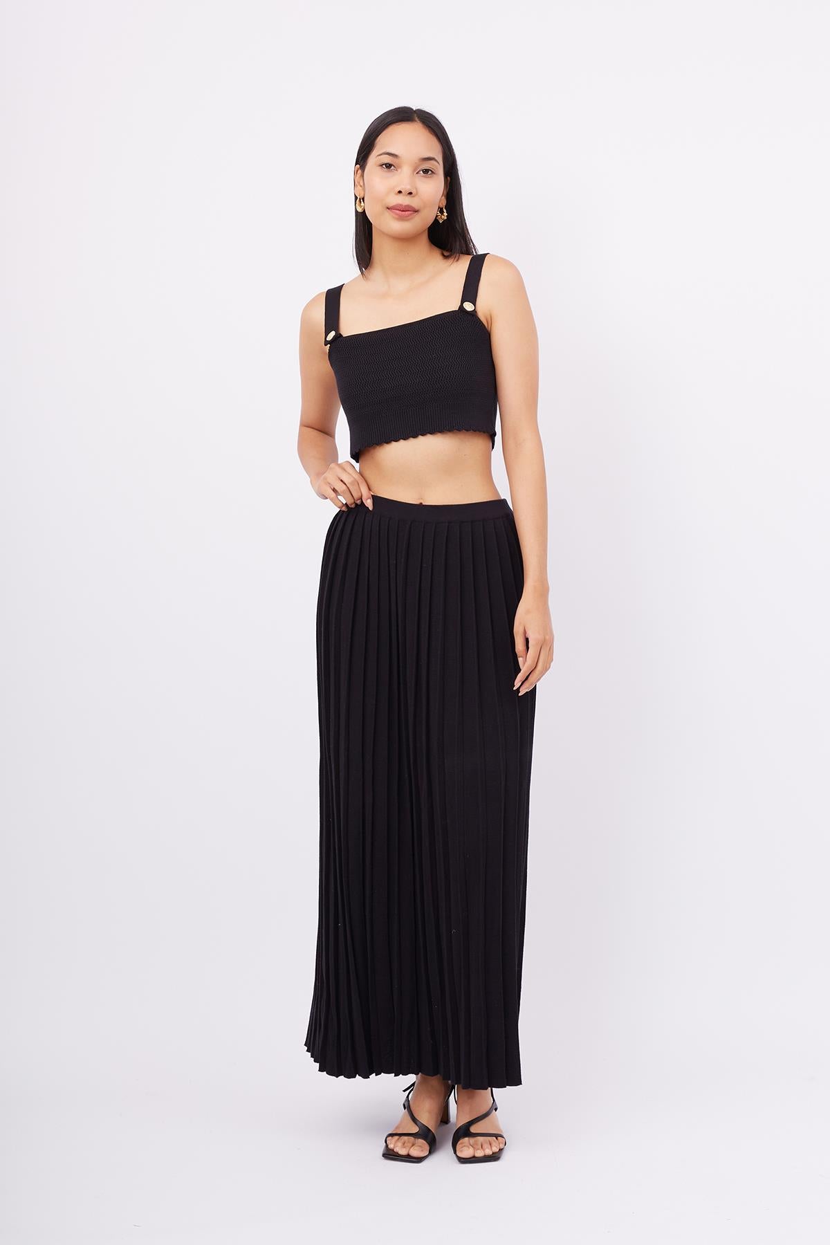 Peraluna-Maxi Skirt Maxi Boy Pileli Kadın Triko Etek Siyah-Etek-6-roqelvaxirum.shop