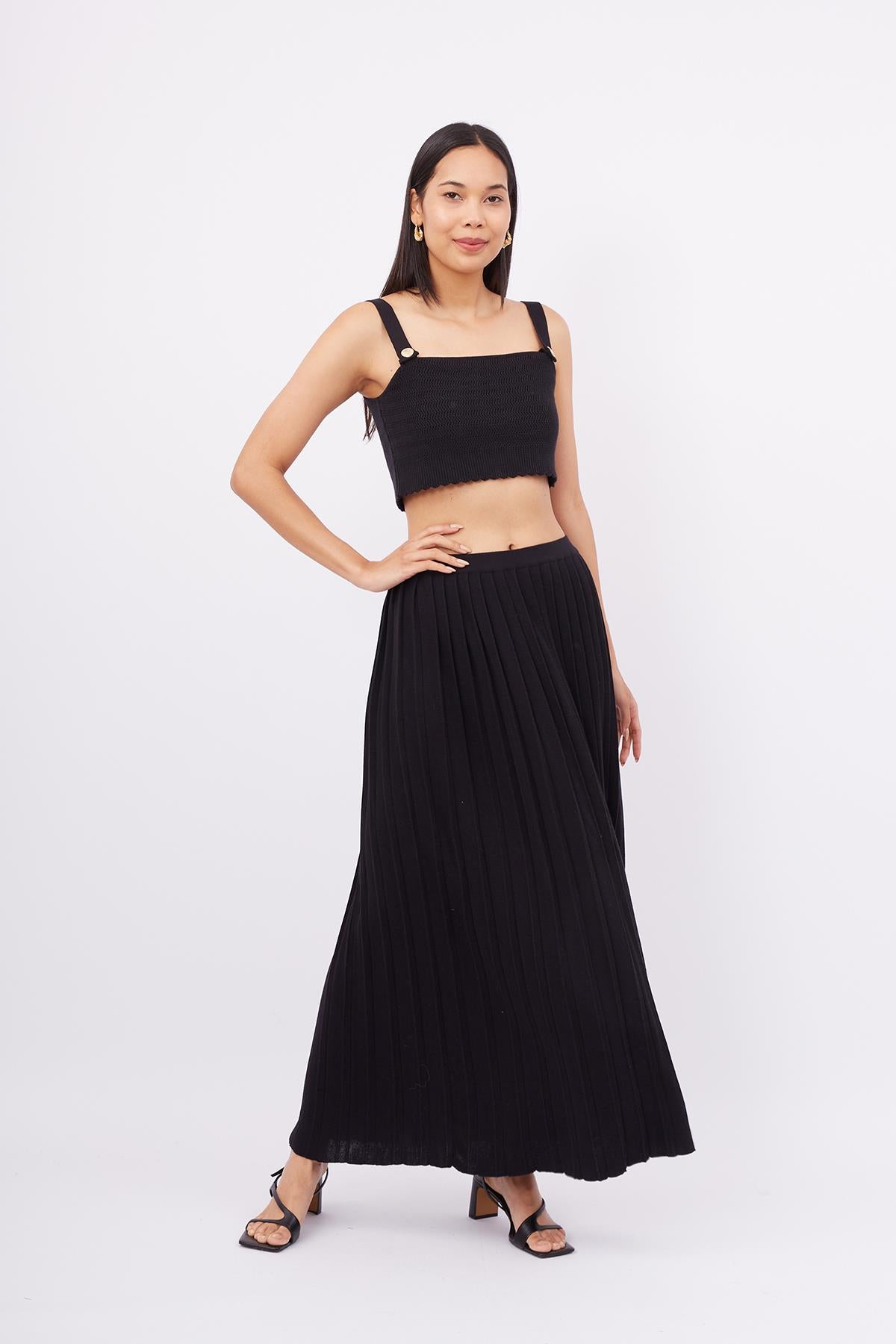 Peraluna-Maxi Skirt Maxi Boy Pileli Kadın Triko Etek Siyah-Etek-7-roqelvaxirum.shop