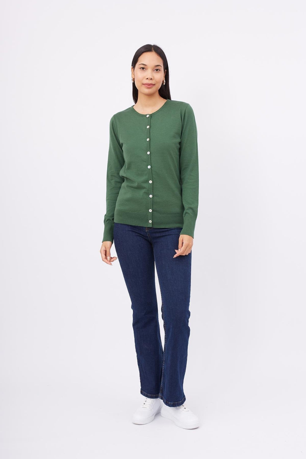 Peraluna-Mila Cardigan Bisiklet Yaka Basic Pamuklu Kadın Triko Hırka Koyu Yeşil-Kazak & Triko-1-roqelvaxirum.shop