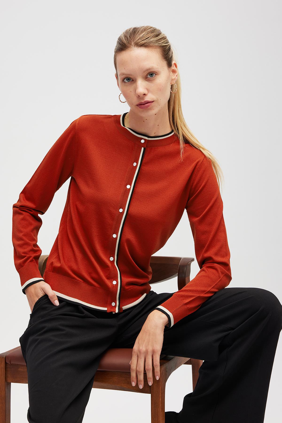 Peraluna-Paris, çizgi Detaylı Kadın Triko Hırka Kiremit-Hırka-1-roqelvaxirum.shop
